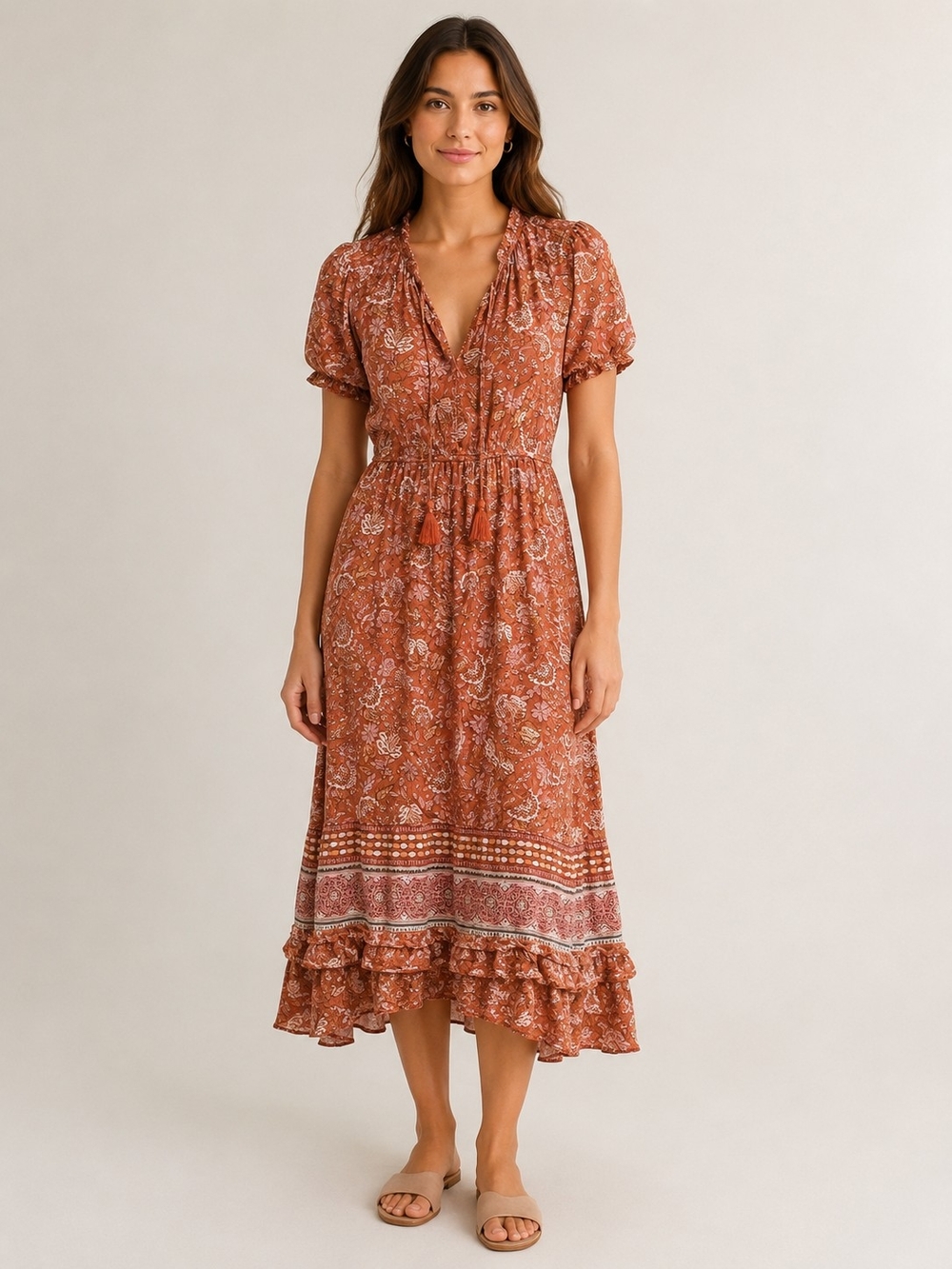 Knox Rose Rust Floral Boho Midi Dress Size XS